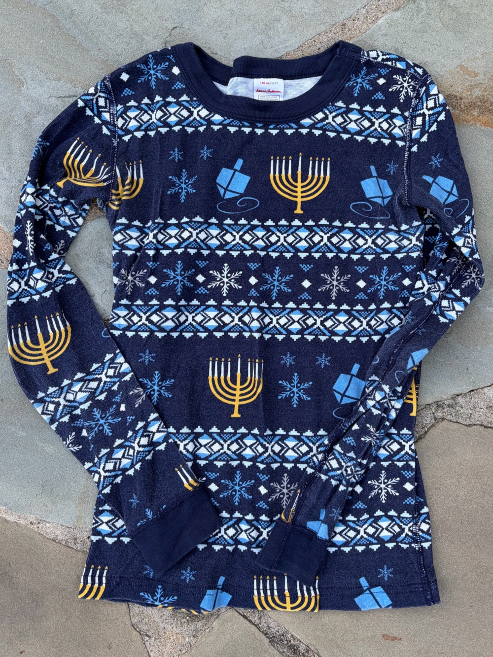 Hanna Andersson Navy sweater with light blue, white and yellow Hanukkah print